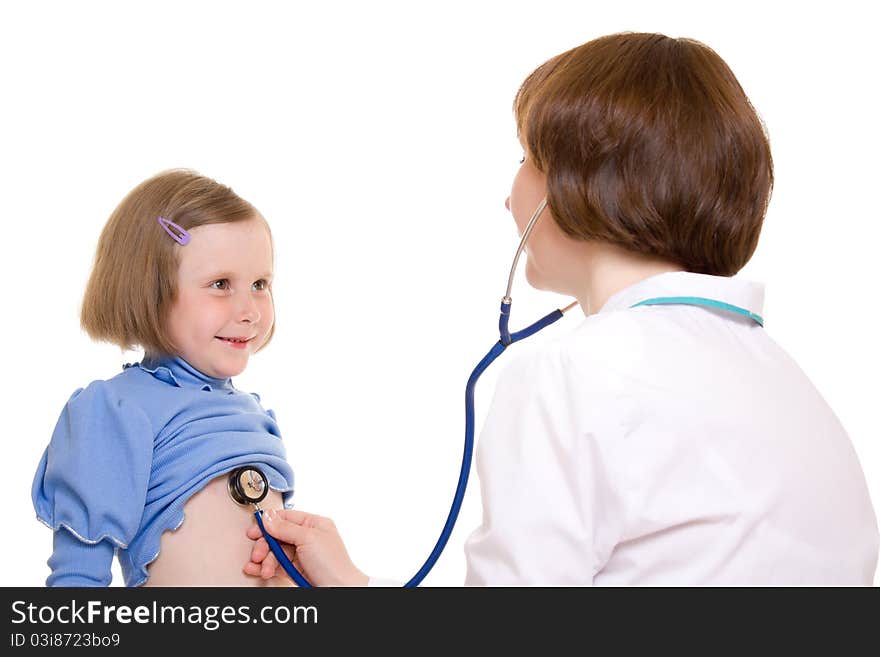 Doctor and child on a white background.