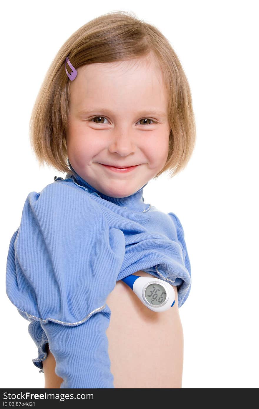 A child with a thermometer on white background