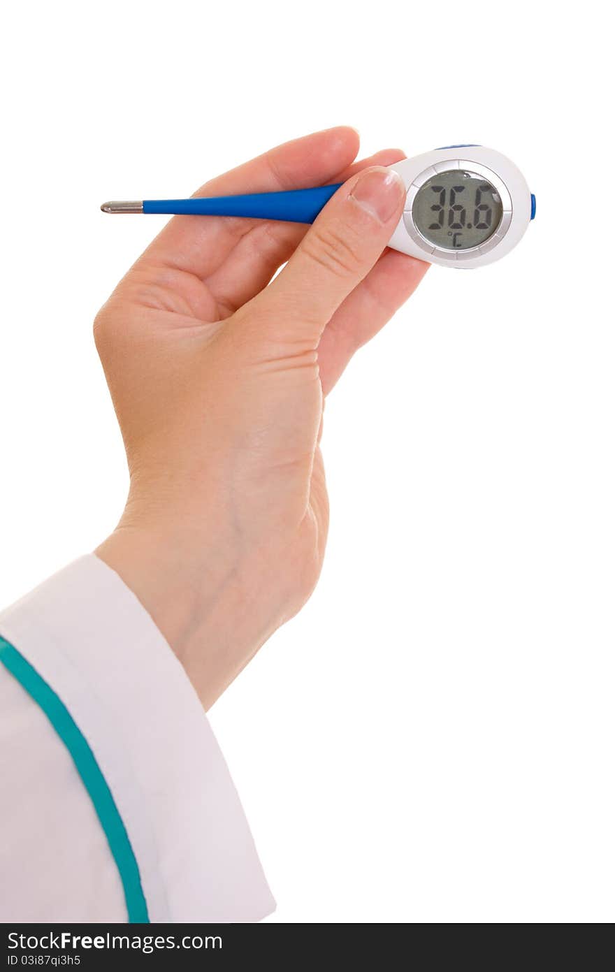 Hand and a thermometer on white background.