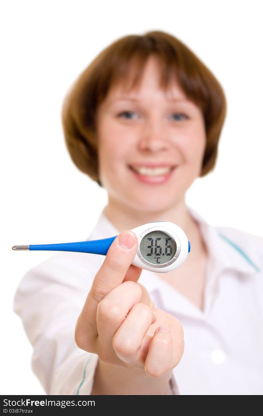 Woman doctor on a white background.