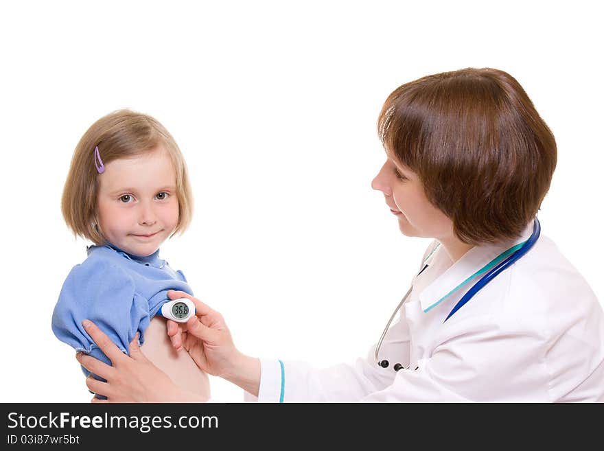 Doctor and child on a white background.