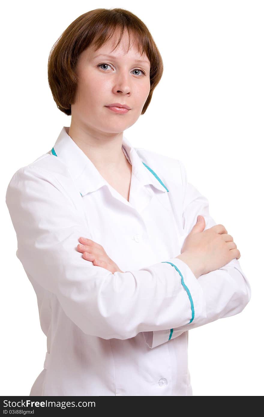 Woman doctor on a white background.