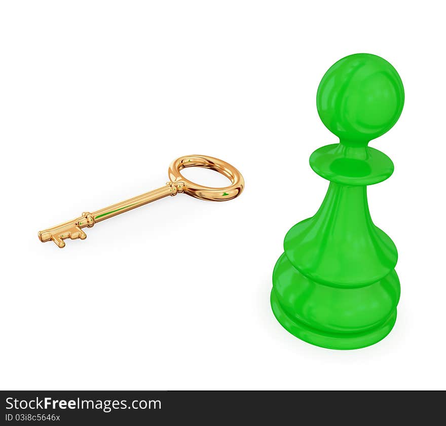 Green pawn near golden antique key. Isolated on white background. 3d rendered.