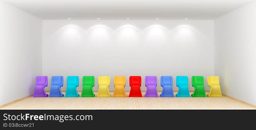 Lots of colorful plastic chairs in big empty  room l. 3d rendered. Modern interior composition.