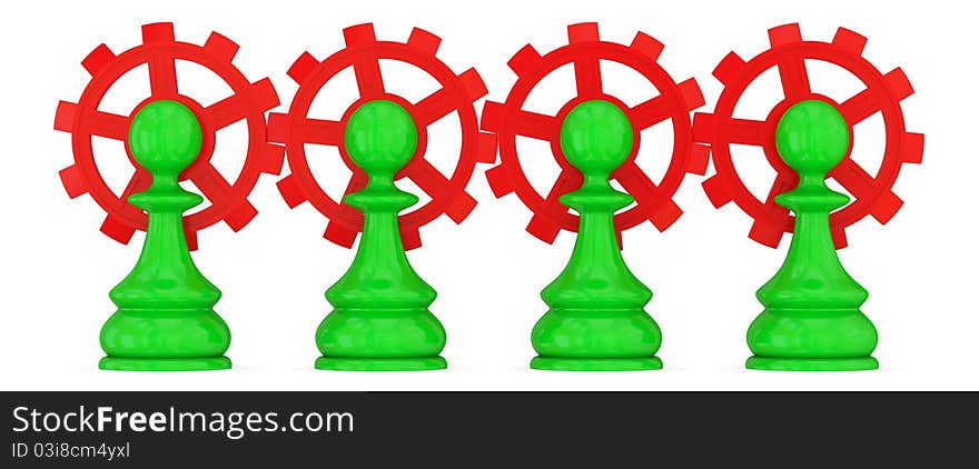 Four green pawns merged with red gears. Teamwork concept. Isolated on white.