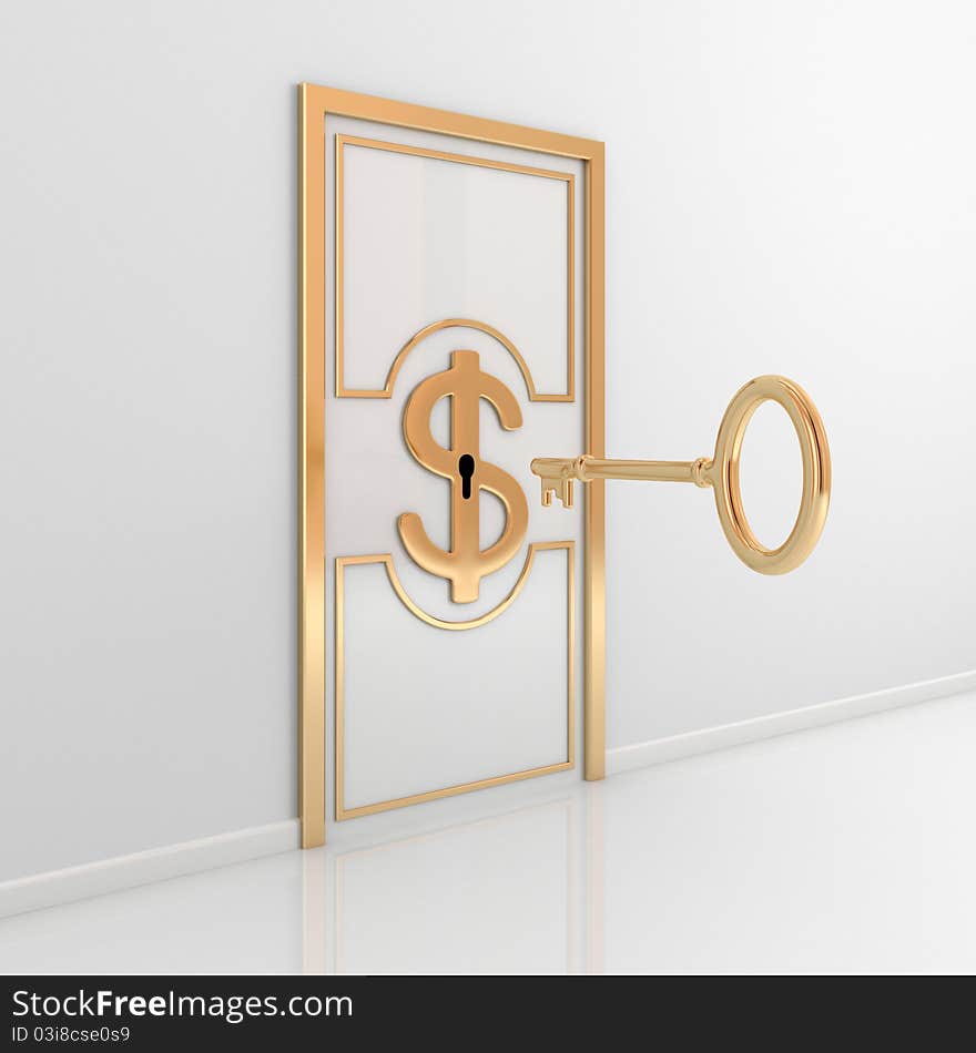 Abstract door with golden ornate frame, dollar sign in the middle and antique key. 3d rendered.