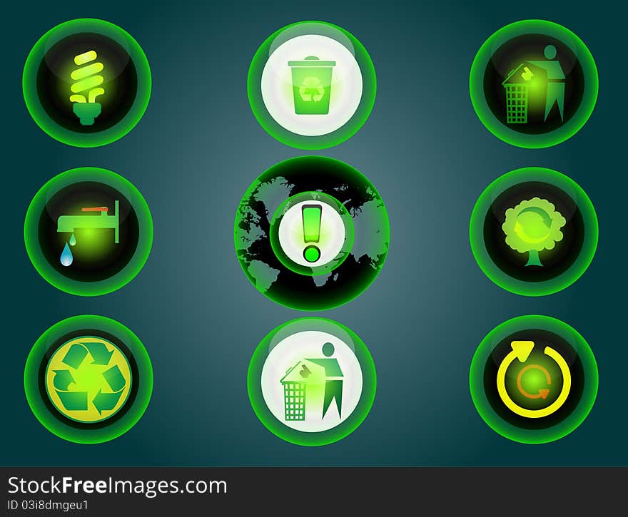 Glossy recycle icons set. Global recycling icons.