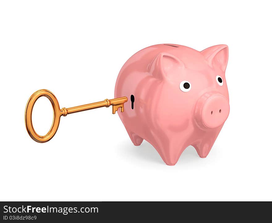 Pink piggy-bank with keyhole and vintage golden key. Isolated on white background. 3d rendered.