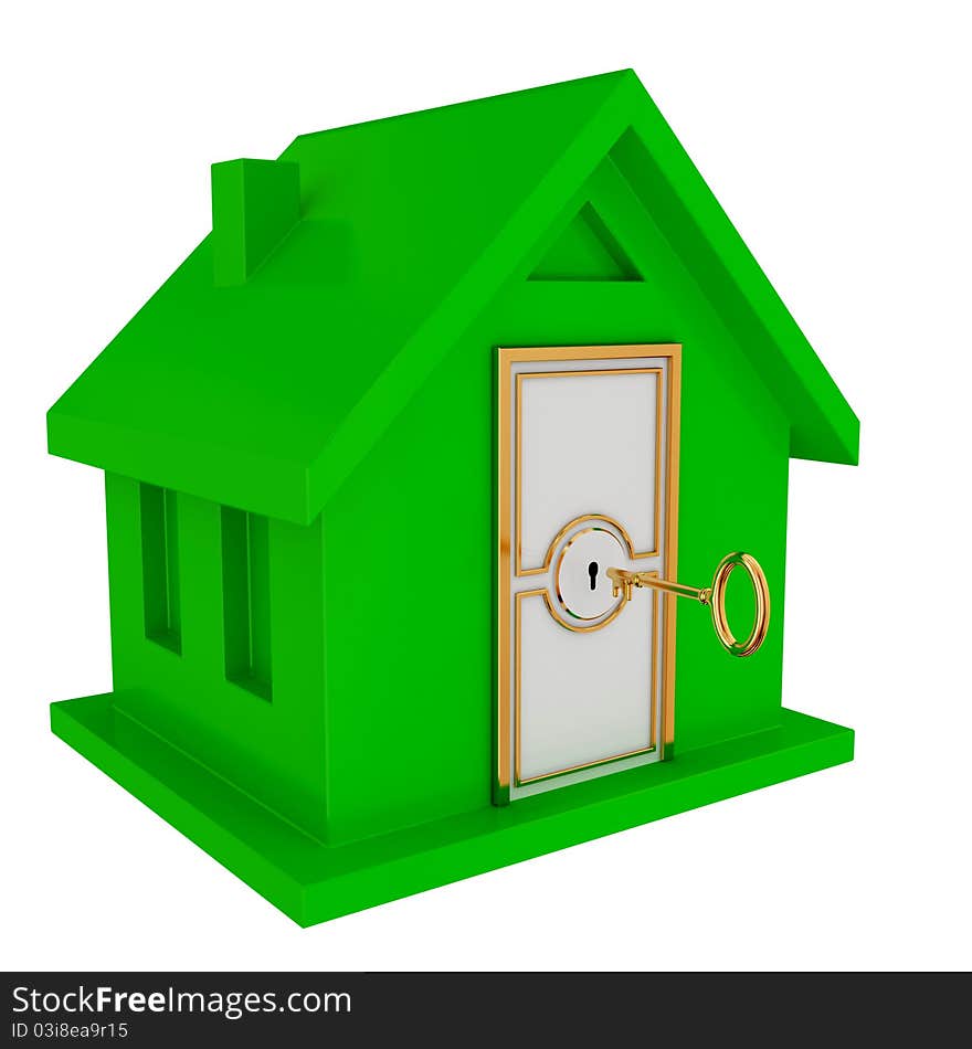 Green House With White Door And Golden Key.