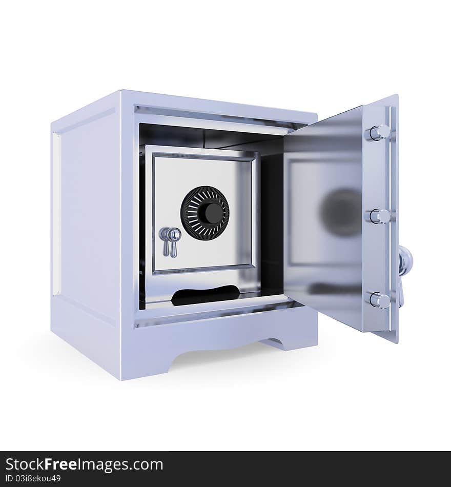 Opened iron safe and another safe inside. Double protection concept. Isolated on white background. 3d rendered.