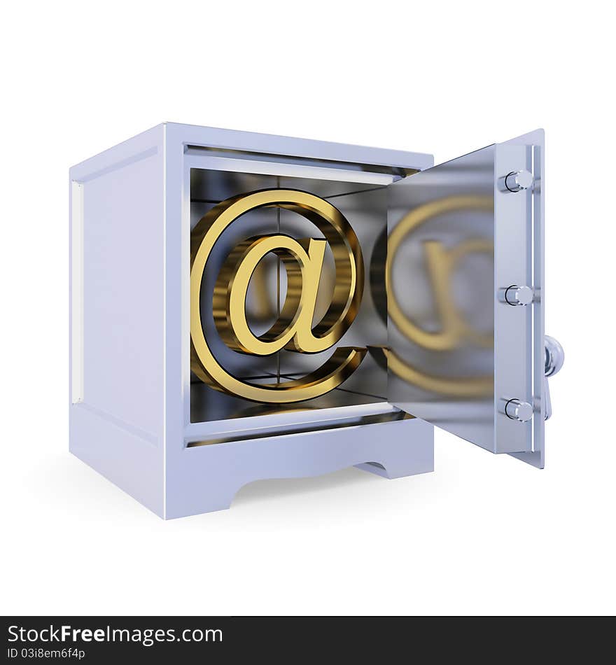 Iron safe with golden e-mail sign inside. Information protection concept. Isolated on white background. 3d rendered.