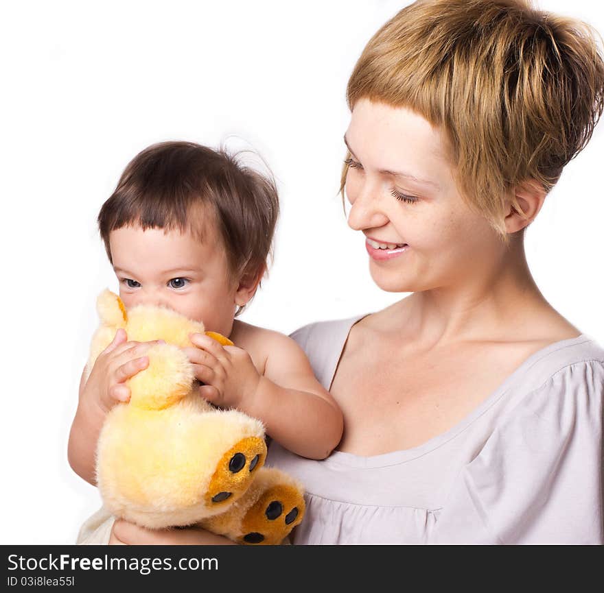 Young mother with little son isolated on the white. Young mother with little son isolated on the white