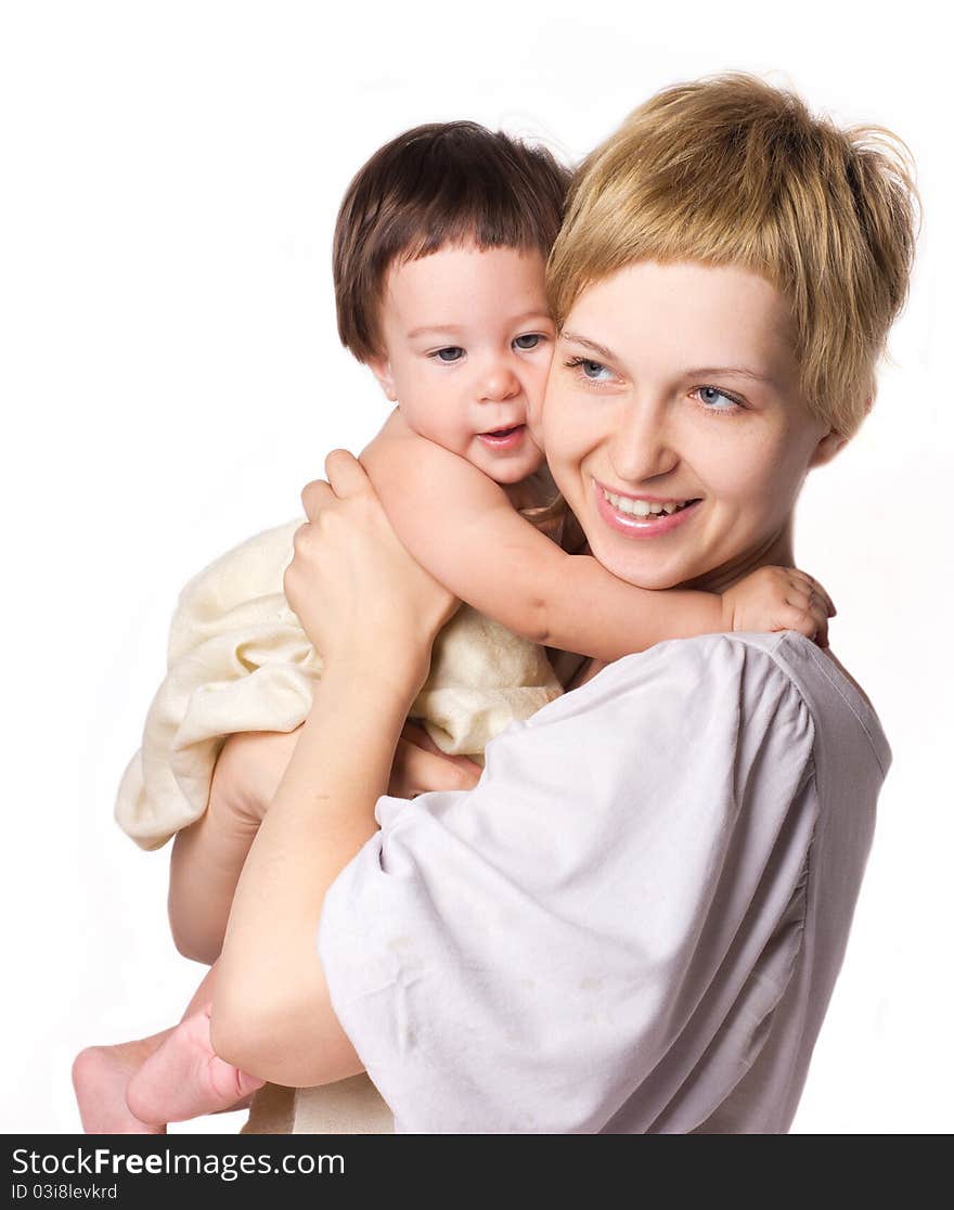 Young mother with little son isolated on the white. Young mother with little son isolated on the white