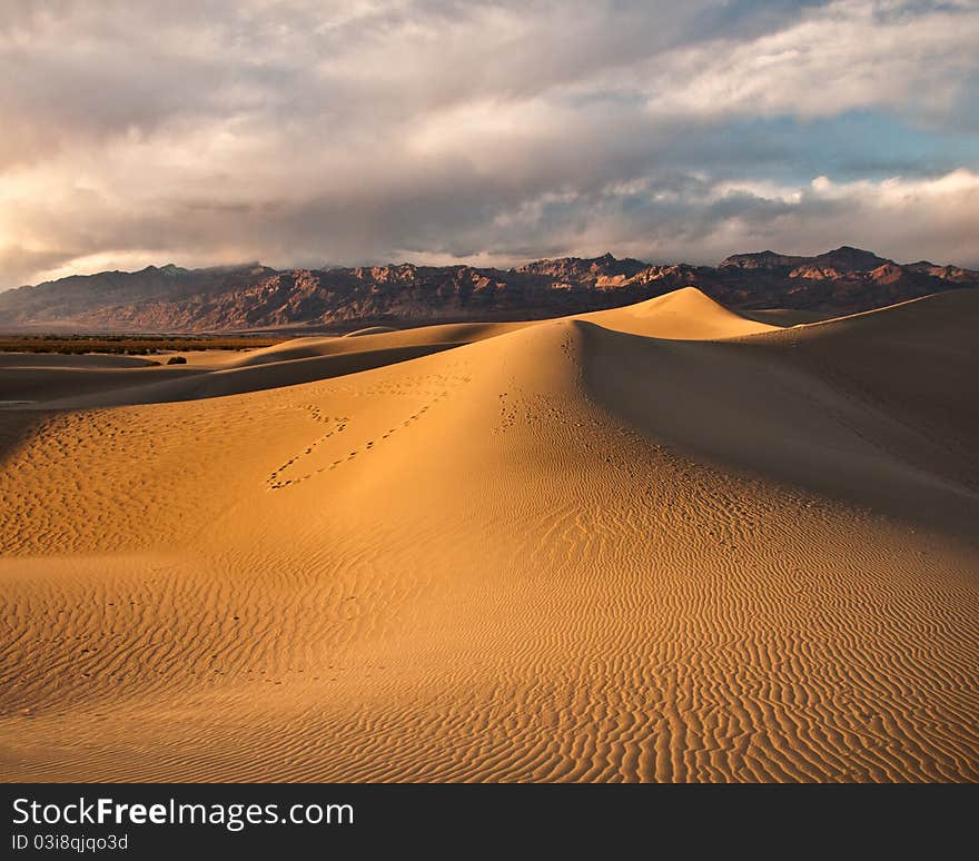 Foot prints leave a heart on the side of this sand dune. Foot prints leave a heart on the side of this sand dune.