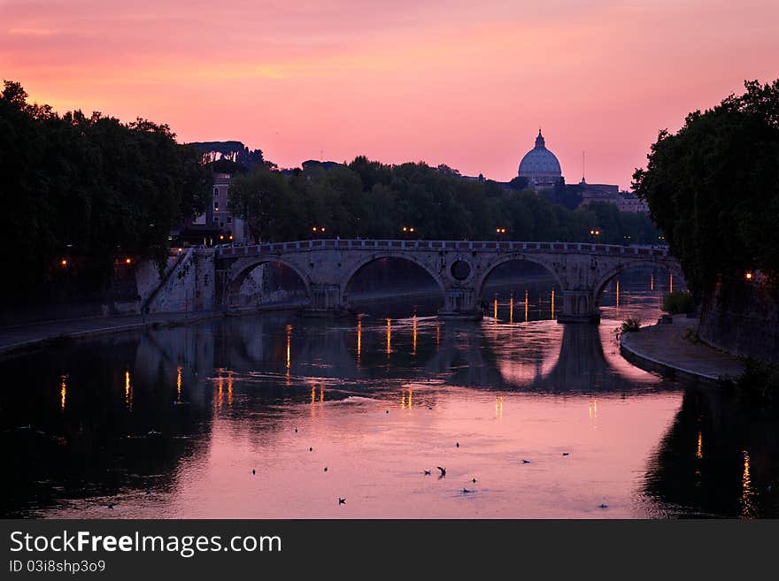 Panoramic view of St. Peter's Basilica and the Vatican City (with the river Tiber winding around it) - Rome, Italy