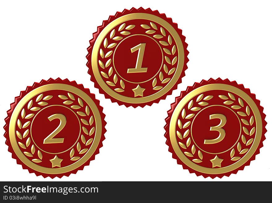 Red awards with golden elements isolated on white background.