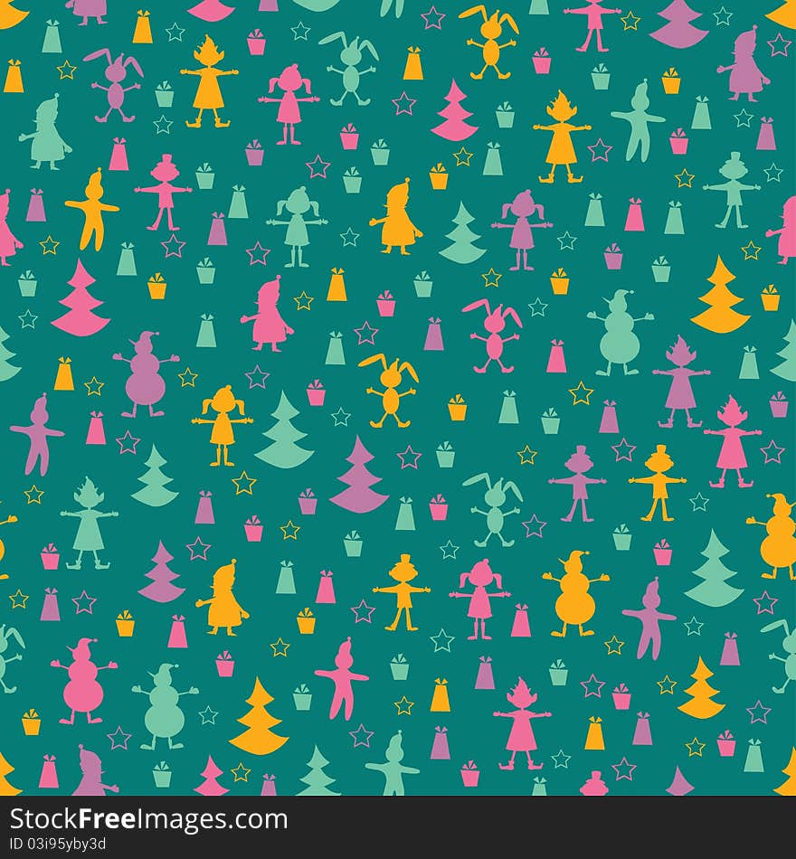 Christmas seamless pattern with girl, boy, Santa, elf, deer, tree and present