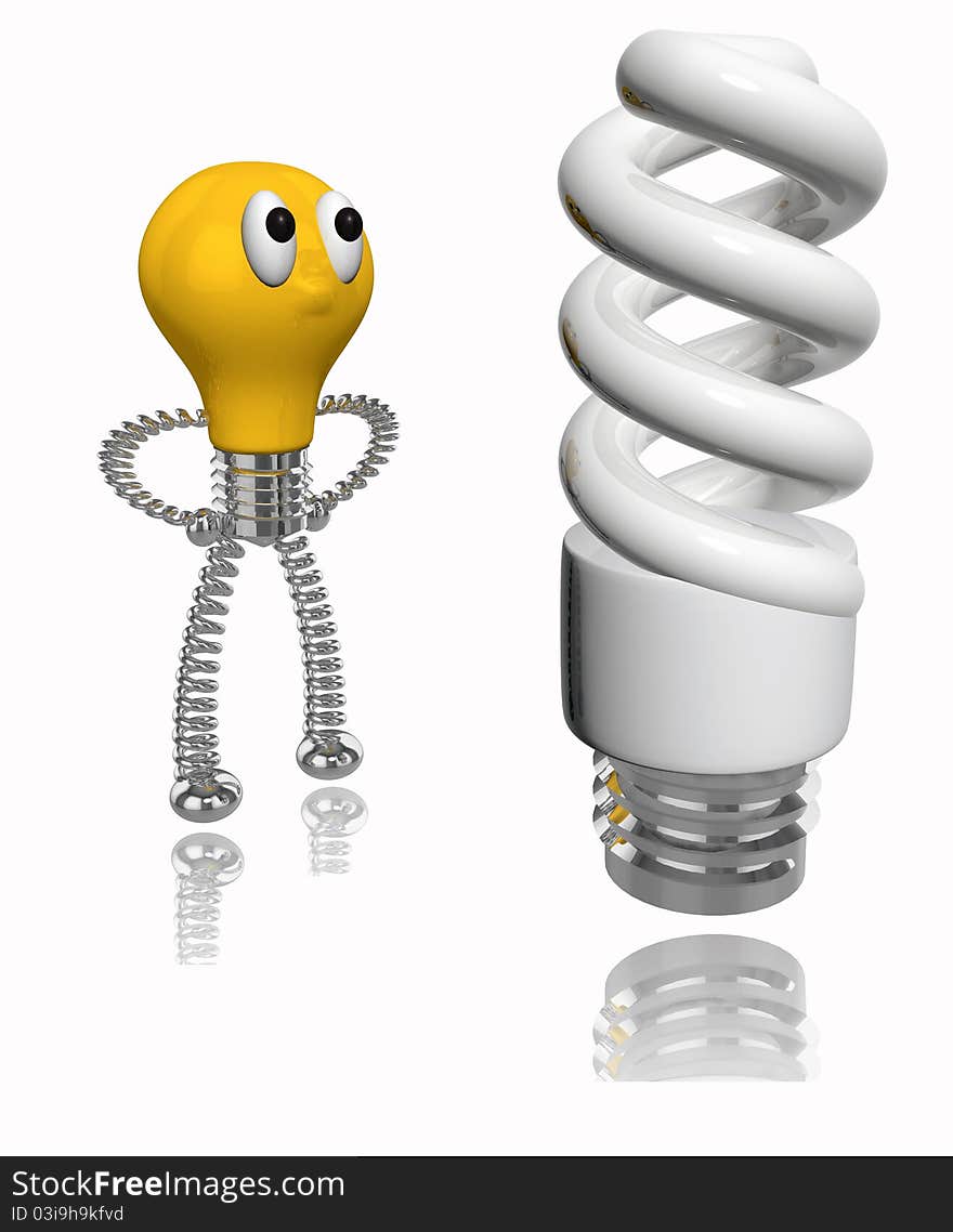 Orange cartoon bulb looking at energy saving bulb