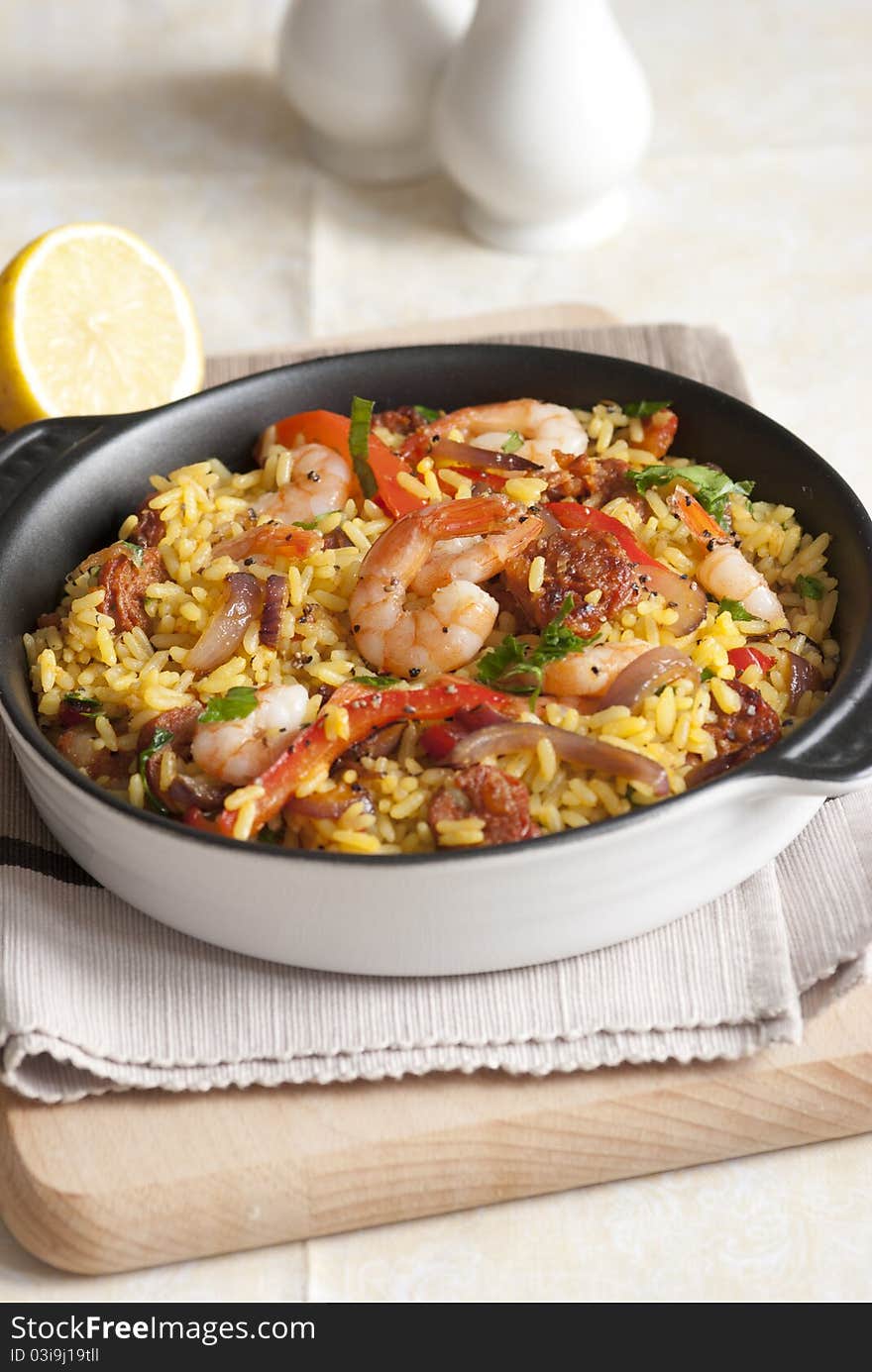 Prawn and chorizo paella