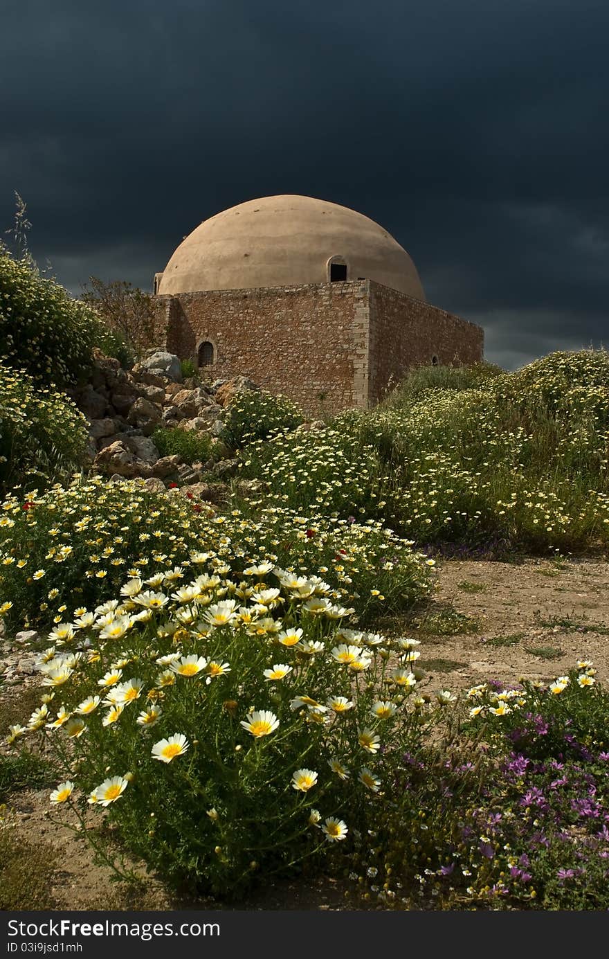 The Ibrahim Han Mosque in Rethymno placed in the middle of the Venetian Fortezza - Crete, Greece.