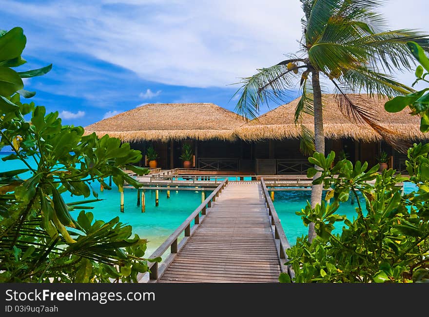 Water bungalows on a tropical island - travel background