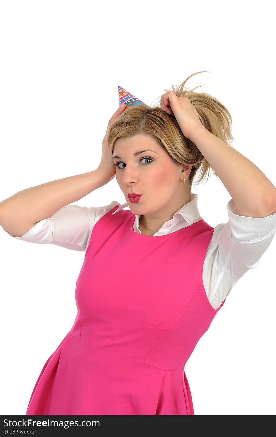 Pretty party female celebrating birthsday . isolated