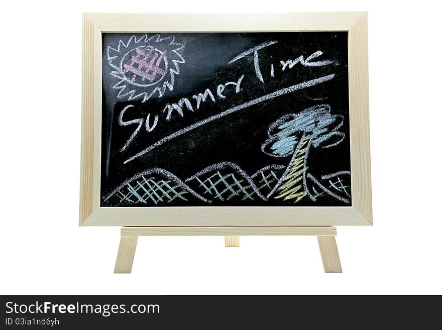 Chalk free drawing on chalkboard or blackboard with text Summer time. Chalk free drawing on chalkboard or blackboard with text Summer time