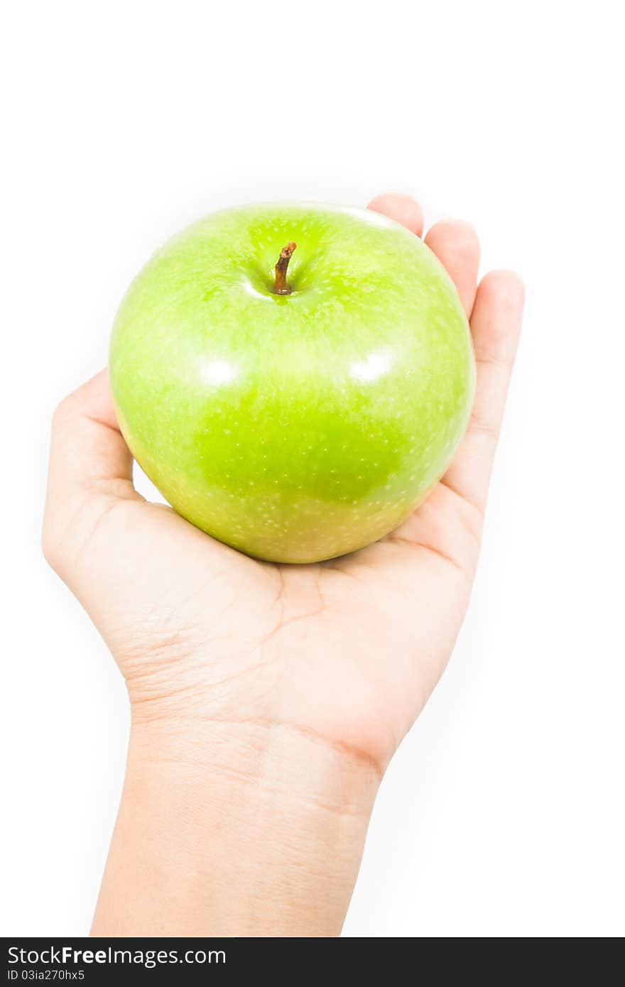 Apple in palm of hand on white background. Apple in palm of hand on white background