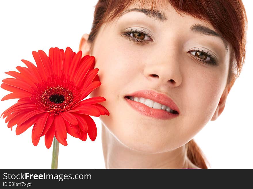 Beauty woman with flower over white background