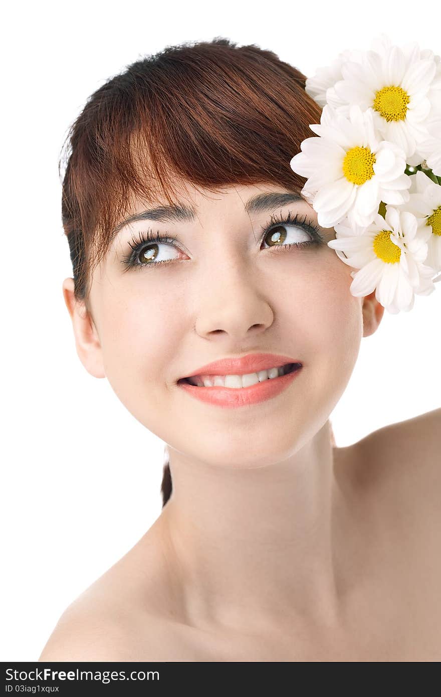 Beauty woman with flower over white background