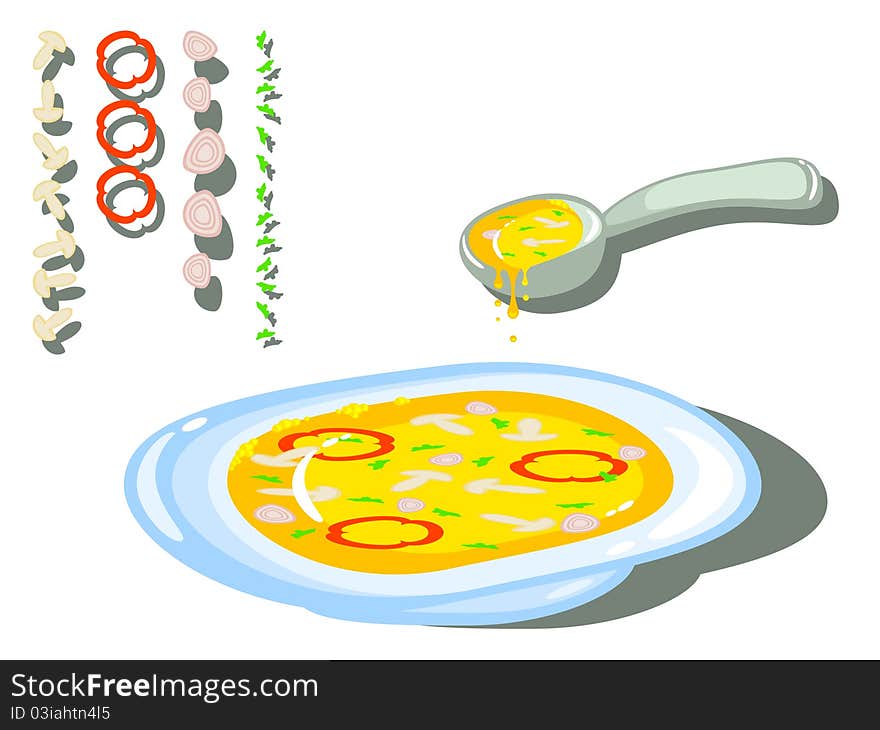 Ingredients for cooking and ready meal of them. Vector isolated. Mushroom soup. Vegetable stew. Vegetarian.