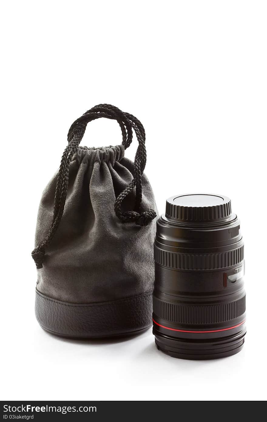 A camera lens with bag isolated on white background