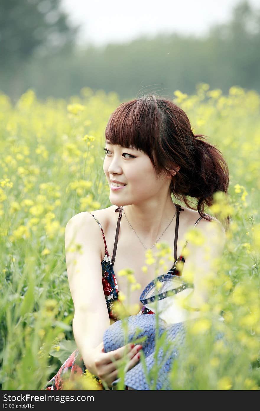 Charming Asian girl relaxing in summer field. Charming Asian girl relaxing in summer field.