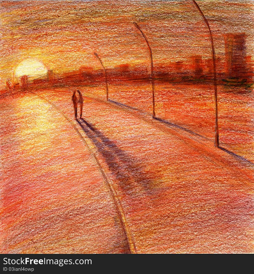 Some abstract color-pencils drawing. Two silhouette figures drop long shadows to the ground, staying on the street beside the highway. Warm colors. Some abstract color-pencils drawing. Two silhouette figures drop long shadows to the ground, staying on the street beside the highway. Warm colors.