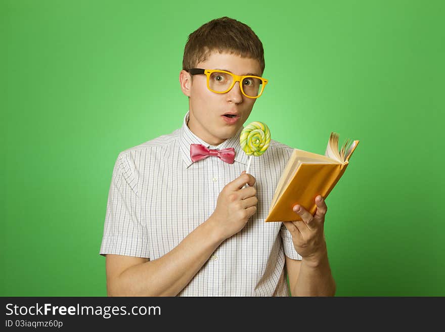 Young man bookworm reading