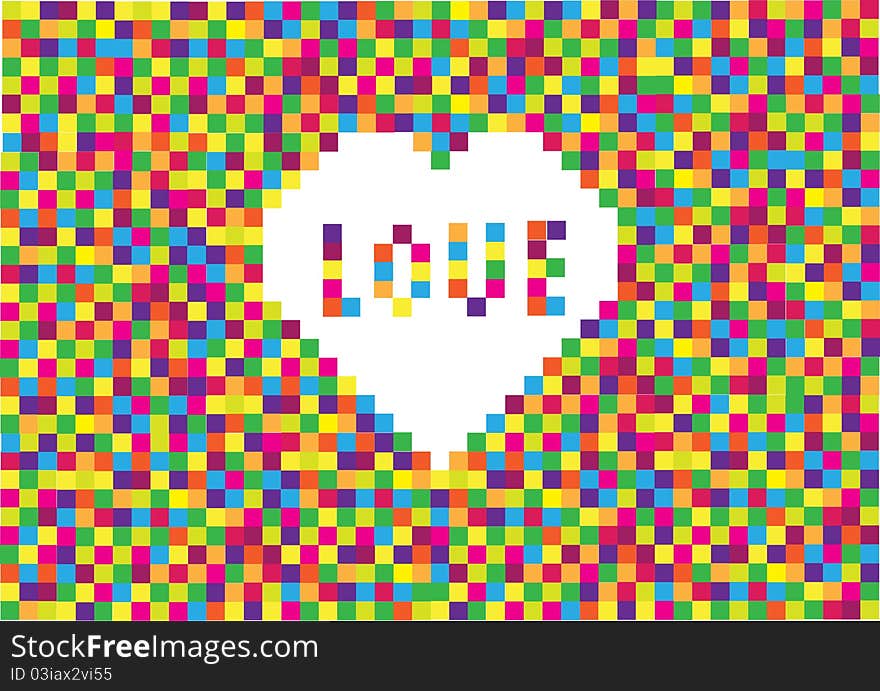 Funny checkered background made of crazy colour squares and white heart in the middle. Funny checkered background made of crazy colour squares and white heart in the middle