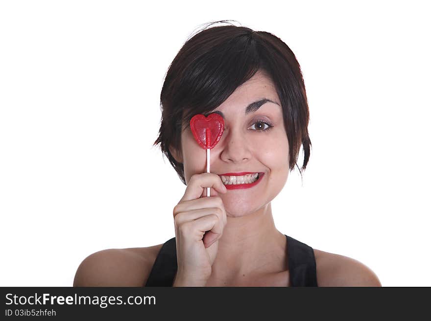 Girls with heart red lollipop in her hand. Girls with heart red lollipop in her hand