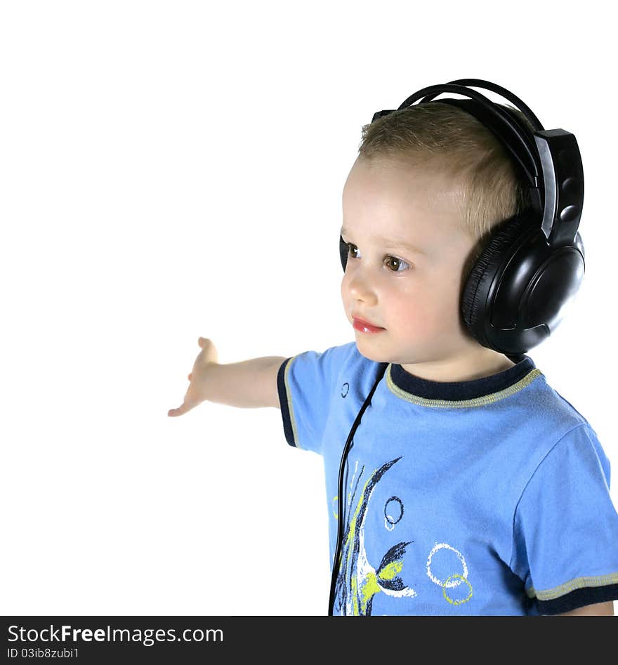 Little DJ boy on a white background