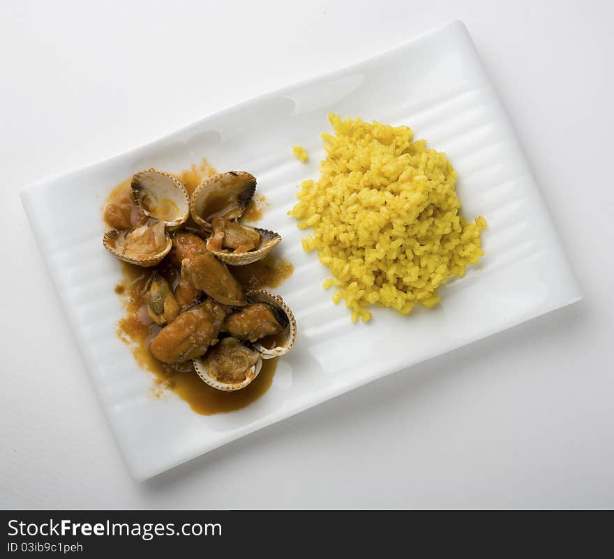 Cockles and mussels on a white background