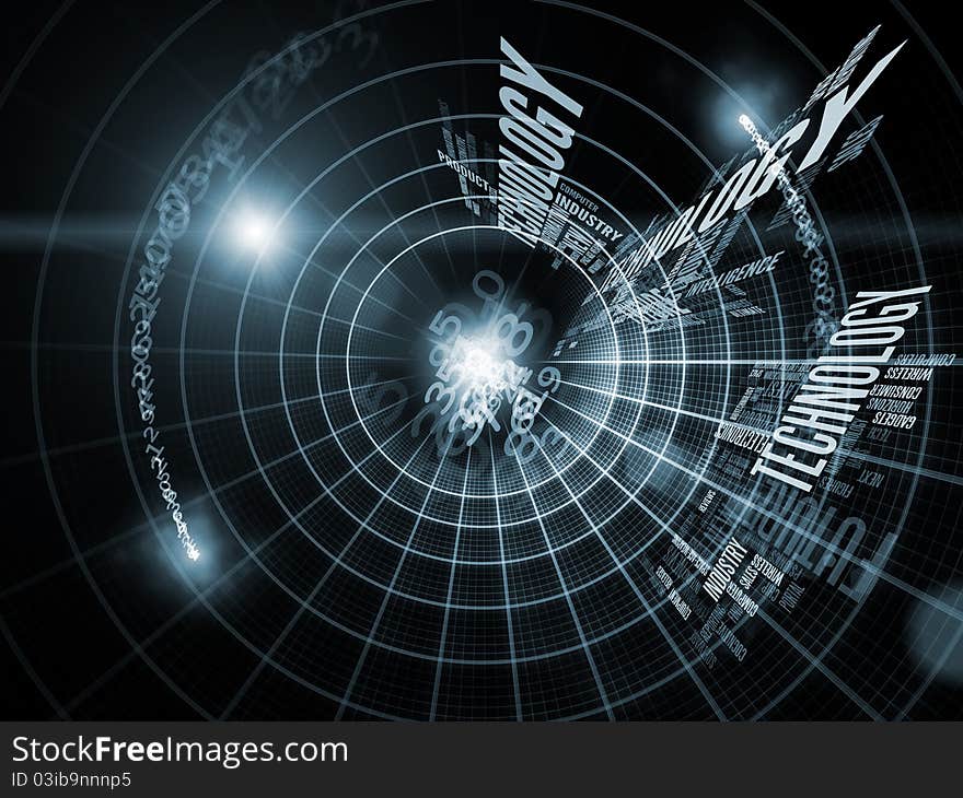 Interplay of technology words and abstract forms on the subject of progress in modern technology. Interplay of technology words and abstract forms on the subject of progress in modern technology