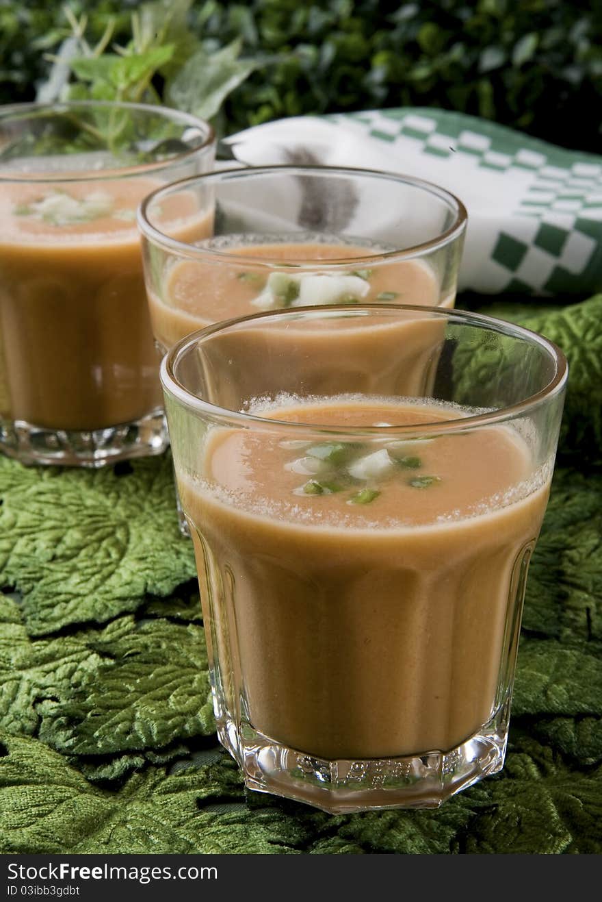 Detail Andalusian gazpacho served in a glass