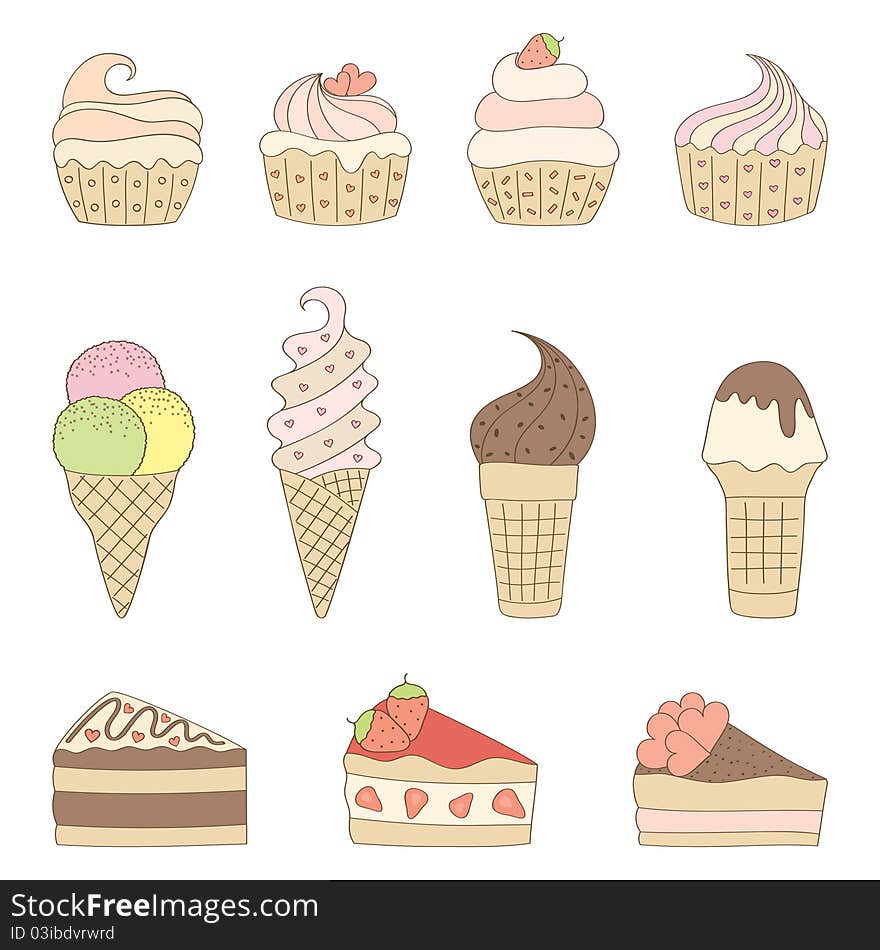 A set of cakes and ice creams. A set of cakes and ice creams.