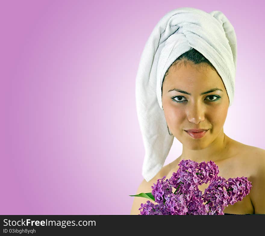 Young Girl With Towel And Lilac