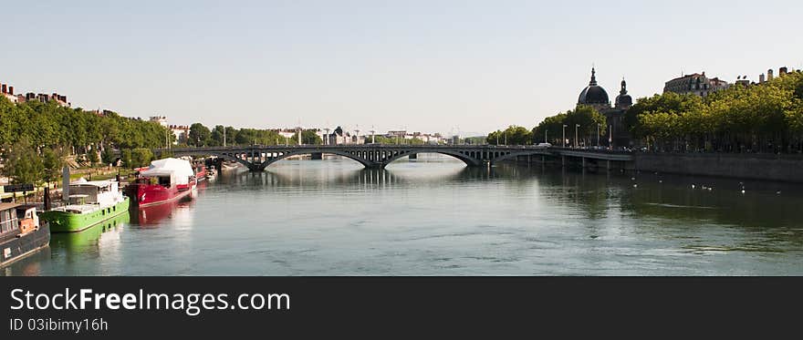 View over Rhone river in Lyon, France. View over Rhone river in Lyon, France.