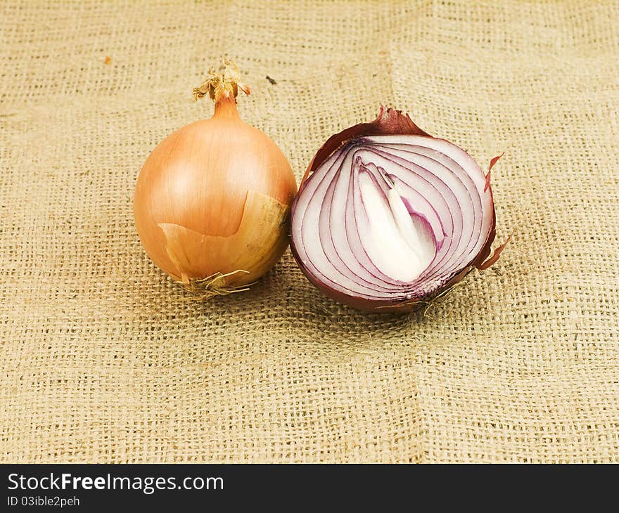 Sliced red and white onions