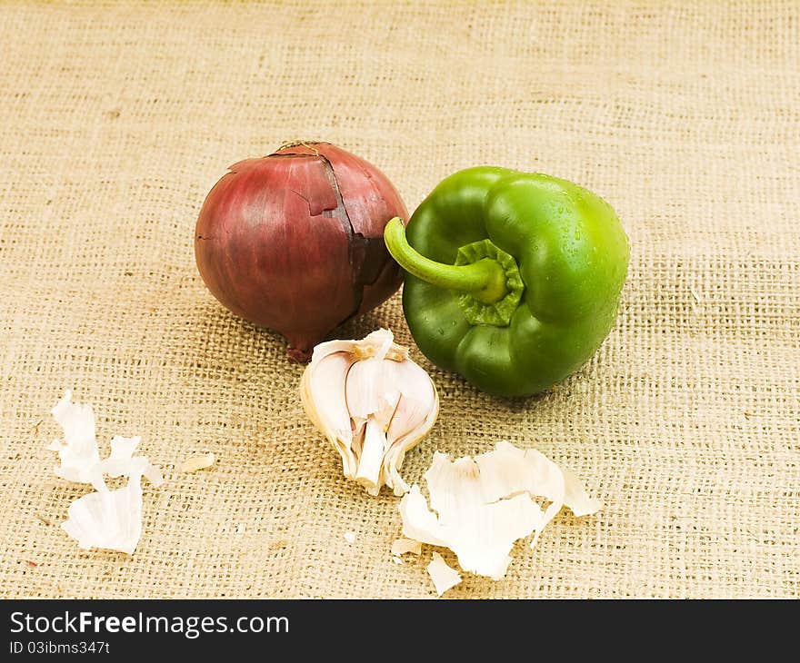 Green pepper onion and garlic. Green pepper onion and garlic