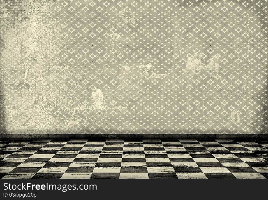 Old grunge room with  tiled floor and pattern wallpaper  black and white. Old grunge room with  tiled floor and pattern wallpaper  black and white