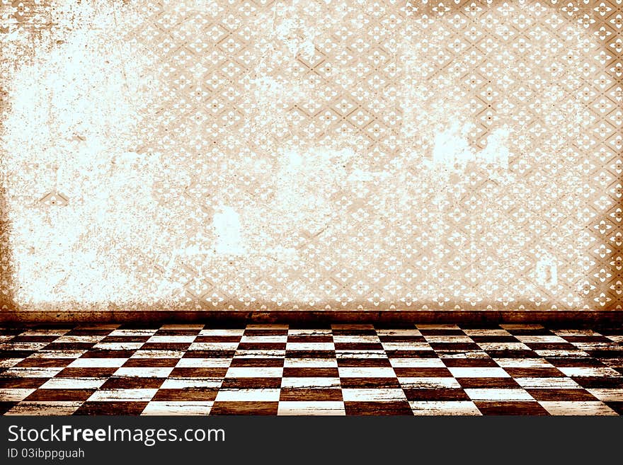 Old grunge room with tiled floor and pattern wallpaper in sepia. Old grunge room with tiled floor and pattern wallpaper in sepia