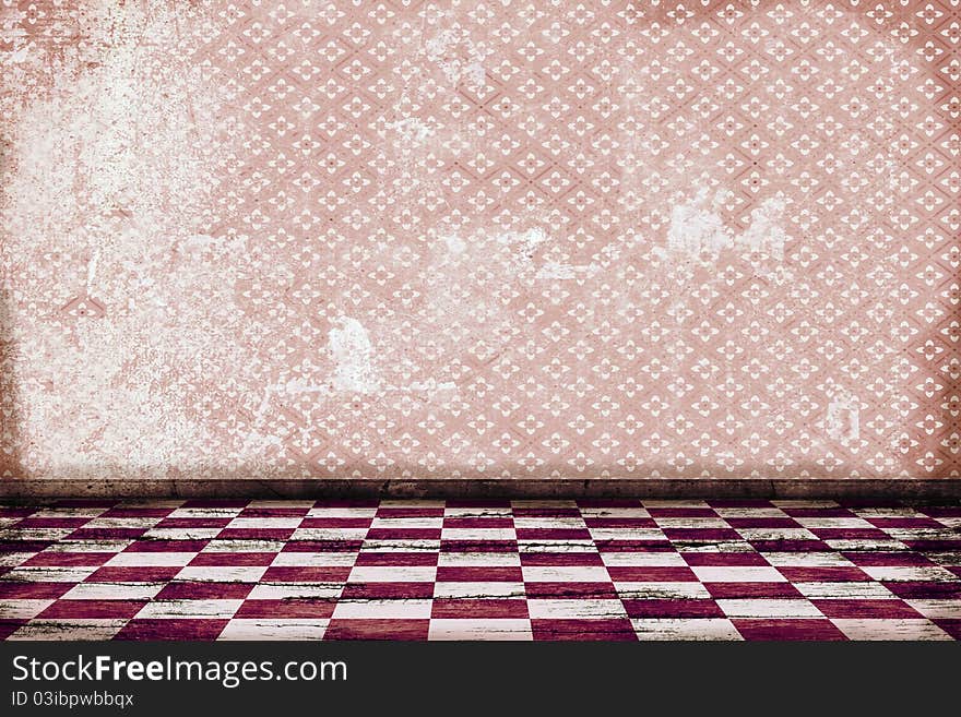 Old grunge room with pink tiled floor and pink pattern wallpaper. Old grunge room with pink tiled floor and pink pattern wallpaper