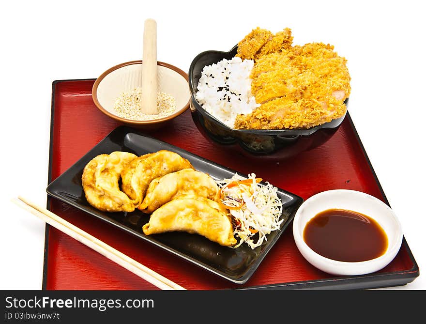 Japanese food style, rice with fried chicken and Fried Dumplings